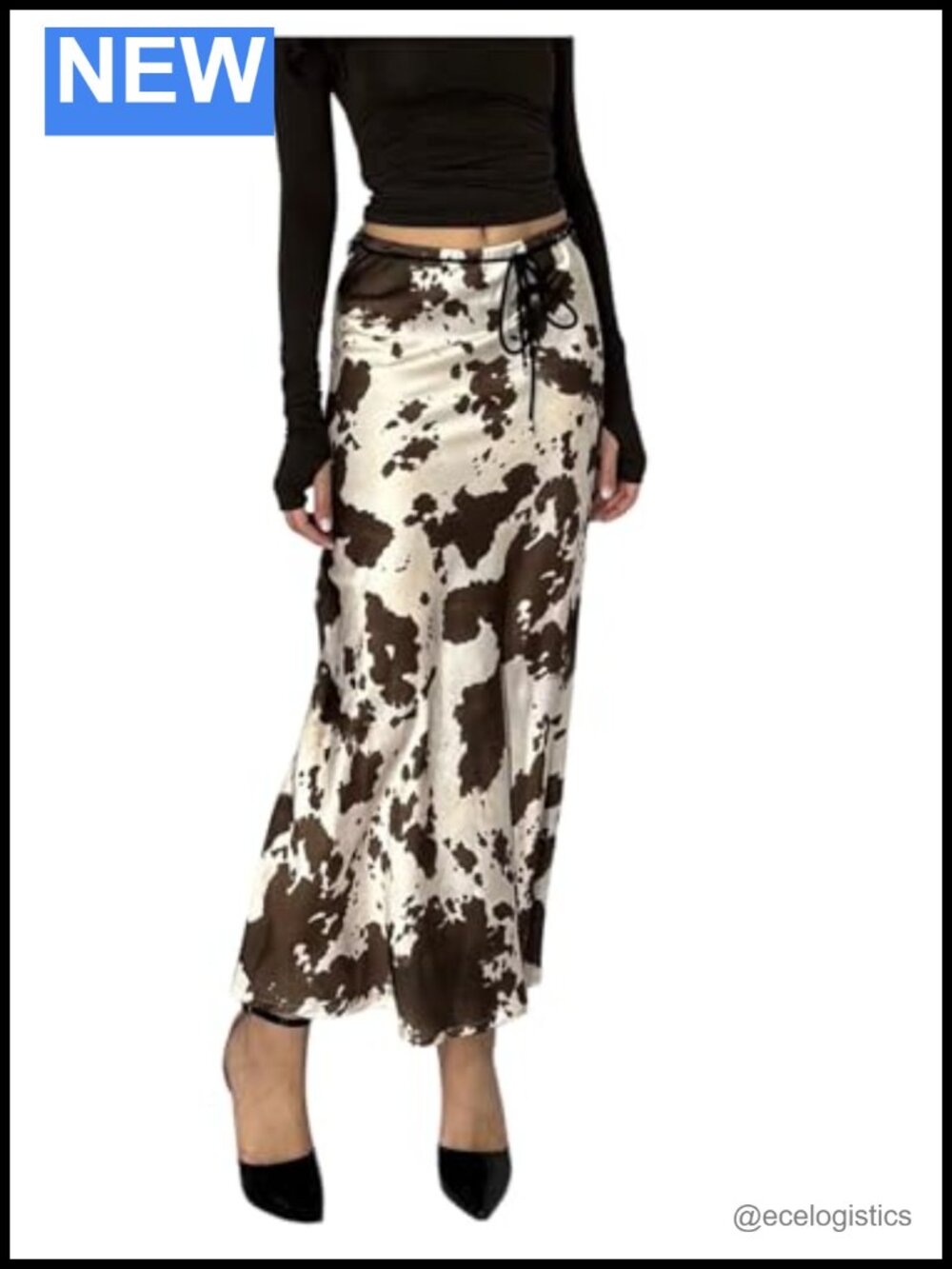 Satin High Waisted A-Line Maxi Skirt Cow Print Flare Skirt Western Elegant